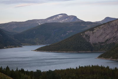 Scenic view of lake by mountains against sky