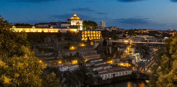 High angle view of illuminated buildings in city at night