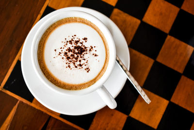 High angle view of coffee on table