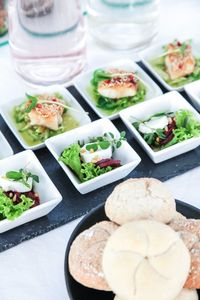 High angle view of food served on table