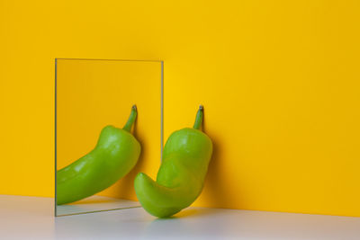 Green pepper is reflected in a mirror on a yellow background