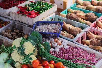 High angle view of vegetables for sale in market