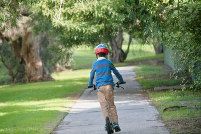 Rear view of boy walking on dirt road