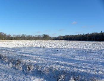 Scenic view of snow covered field against clear sky