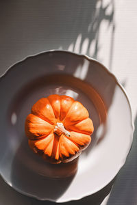 Minimalist table setting in natural light. decorative pumpkin on the white plate, top view