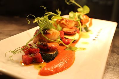 Close-up of food served in plate on table