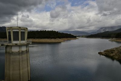 Scenic view of lake against cloudy sky