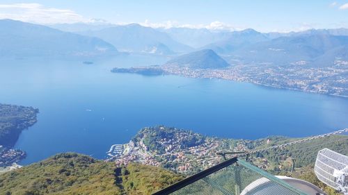 Aerial view of sea and mountains against sky