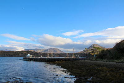 Scenic view of lake against blue sky