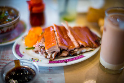 Close-up of breakfast served on table