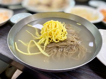 High angle view of noodles in bowl on table