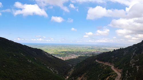 High angle view of landscape against cloudy sky