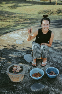 Series photo of happy young woman prepare ingredient,beef and equipment for grill a beef  roast meat