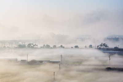 Panoramic shot of landscape against sky during foggy weather