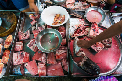 High angle view of fish for sale at market