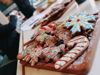 High angle view of cookies on table during christmas