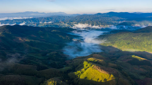 Aerial landscapes view mist in valley 