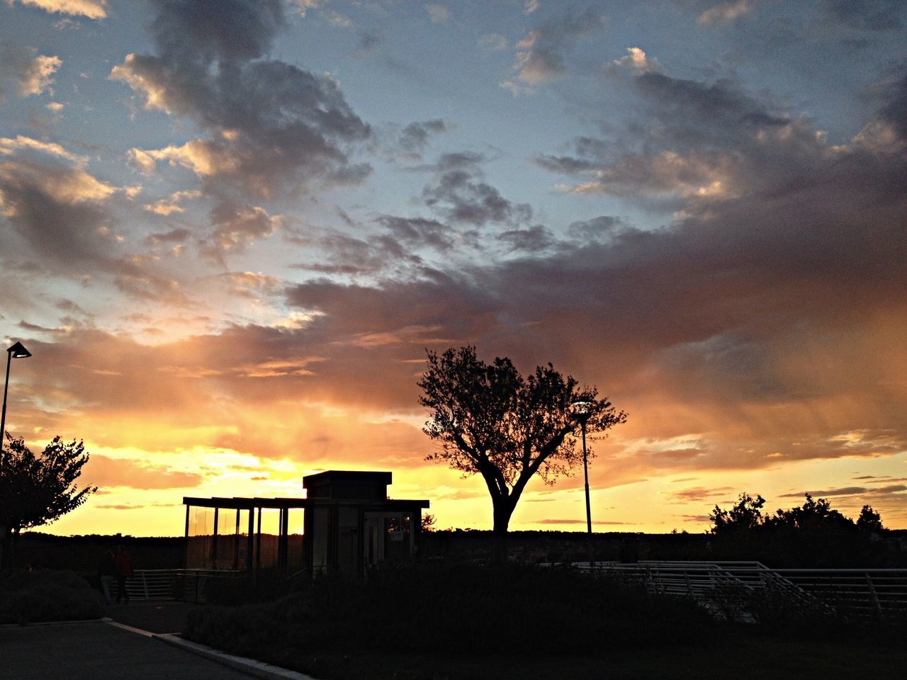 sunset, silhouette, tree, sky, cloud - sky, orange color, beauty in nature, tranquility, scenics, tranquil scene, nature, bare tree, dramatic sky, cloud, cloudy, landscape, built structure, idyllic, road, architecture