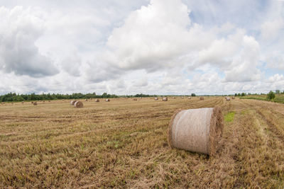 Hay bales on field against sky