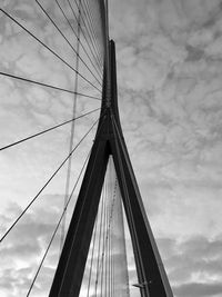 Low angle view of suspension bridge against cloudy sky