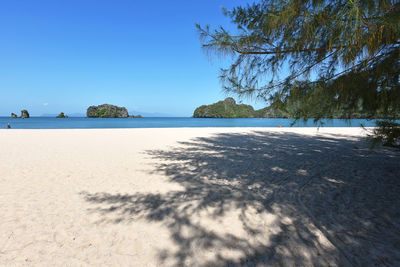 Scenic view of beach against clear blue sky