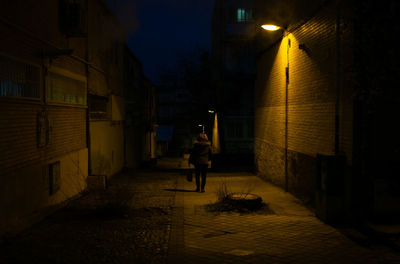 Rear view of woman walking on street amidst buildings at night