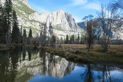 Reflection of trees in lake against sky