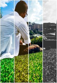 Rear view of man on field against sky