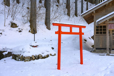 Flashy red torii gate in the snow, japan