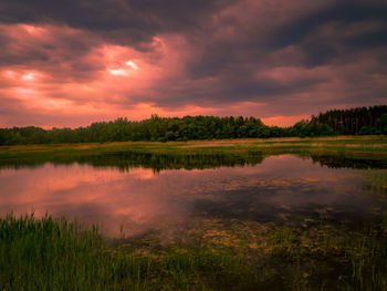 Scenic view of lake against sky during sunset