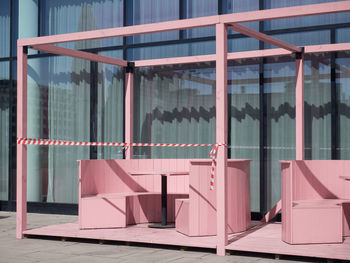 Reflection of building on glass window