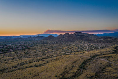 Scenic view of landscape against clear sky during sunset