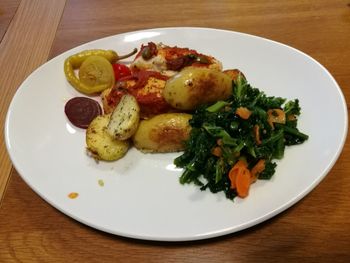 High angle view of breakfast served on table