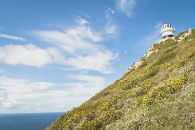 Low angle view of lighthouse on mountain by sea against sky