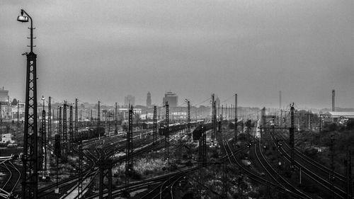 High angle view of shunting yard against cloudy sky