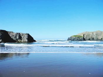Scenic view of sea against clear blue sky