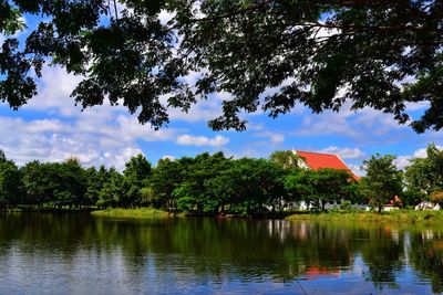 Scenic view of lake by trees against sky