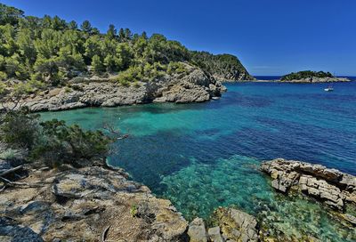 Scenic view of sea against blue sky