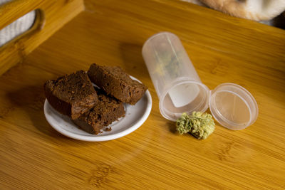 High angle view of breakfast served on table