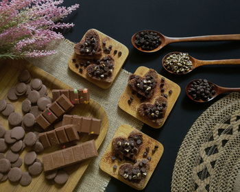 High angle view of chocolates on table