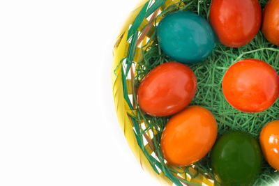 High angle view of multi colored eggs