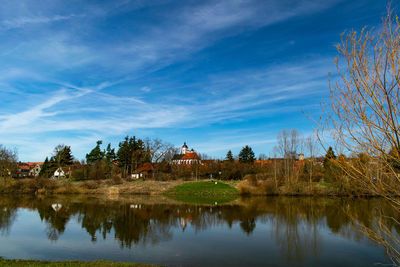 Reflection of trees and buildings in lake against sky