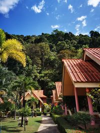 Houses and trees by plants against sky