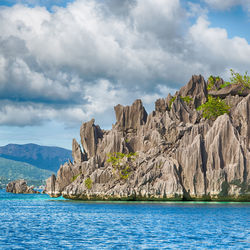 Scenic view of sea and mountains against sky