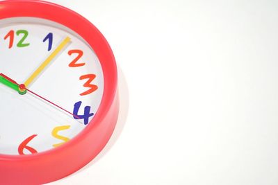 Close-up of clock over white background