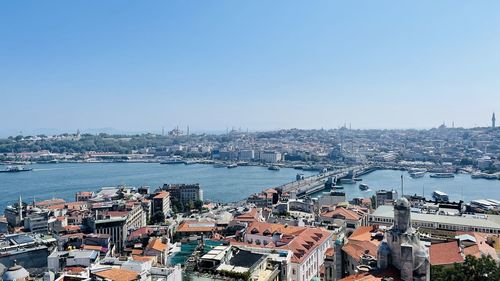 High angle view of townscape by sea against clear sky