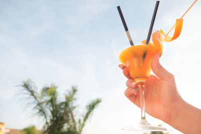 Close-up of young woman with drink against sky