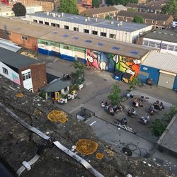 High angle view of street amidst buildings in city