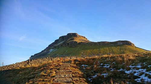 Low angle view of mountain against clear blue sky