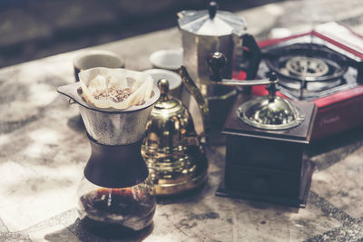 Close-up of coffee served on table